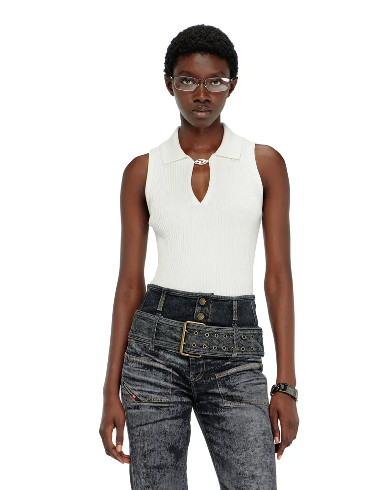 Diesel Ärmelloses Polo-Top aus Rippstrick mit Seidenmix - T-Shirts - Damen - Weiss Weiss