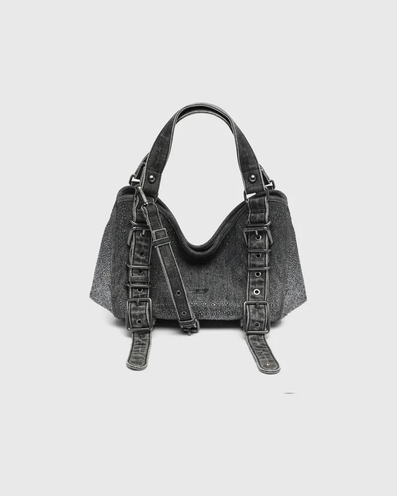Diesel D-One-Small Henkeltasche aus solarisiertem Denim mit Kristallen - Handtaschen - Damen - Schwarz Schwarz