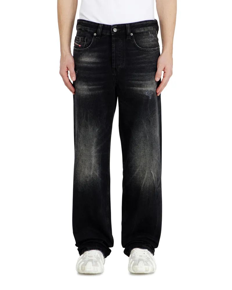Diesel Relaxed Jeans Low Waist 2001 D-Macro, Schwarz/Dunkelgrau, Knopfverschluss Schwarz