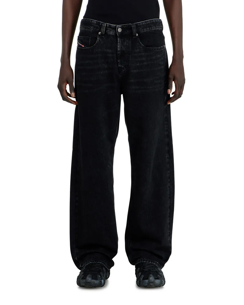 Diesel Relaxed Jeans Low Waist 2001 D-Macro, Schwarz/Dunkelgrau, Knopfverschluss Schwarz