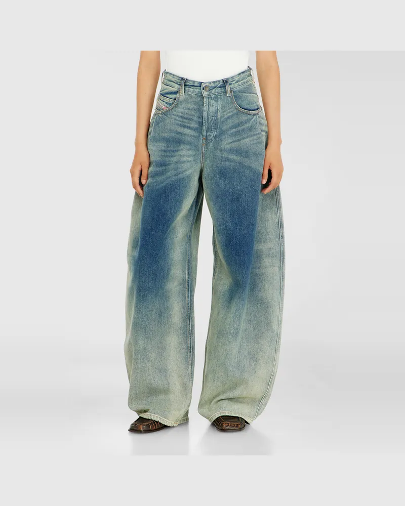 Diesel Relaxed Jeans High Waist 1987 D-Khelz, Mittelblau, Knopfverschluss Blau