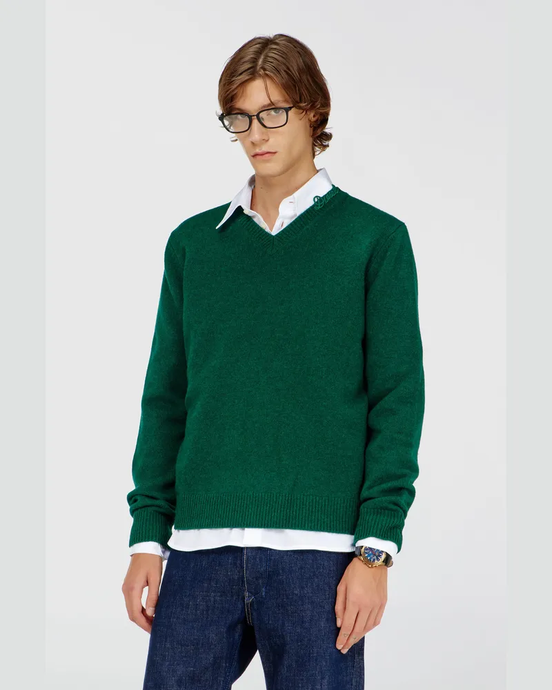 Diesel Wollpullover mit V-Ausschnitt und Logo am Kragen - Strickwaren - Herren - Grün Grün