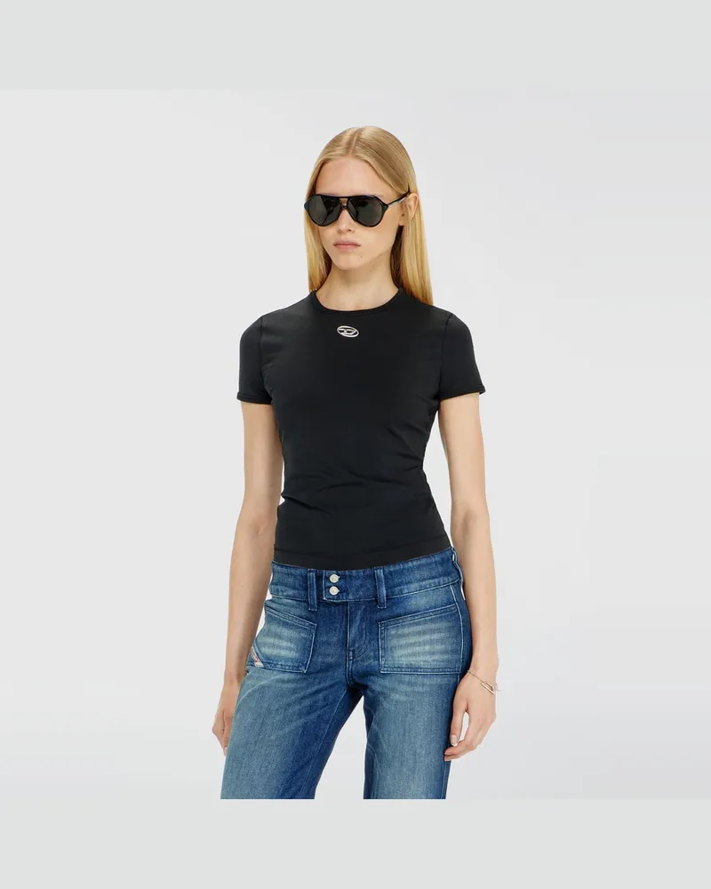 Diesel Schmal geschnittenes T-Shirt mit metallischem Oval D - T-Shirts - Damen - Schwarz Schwarz