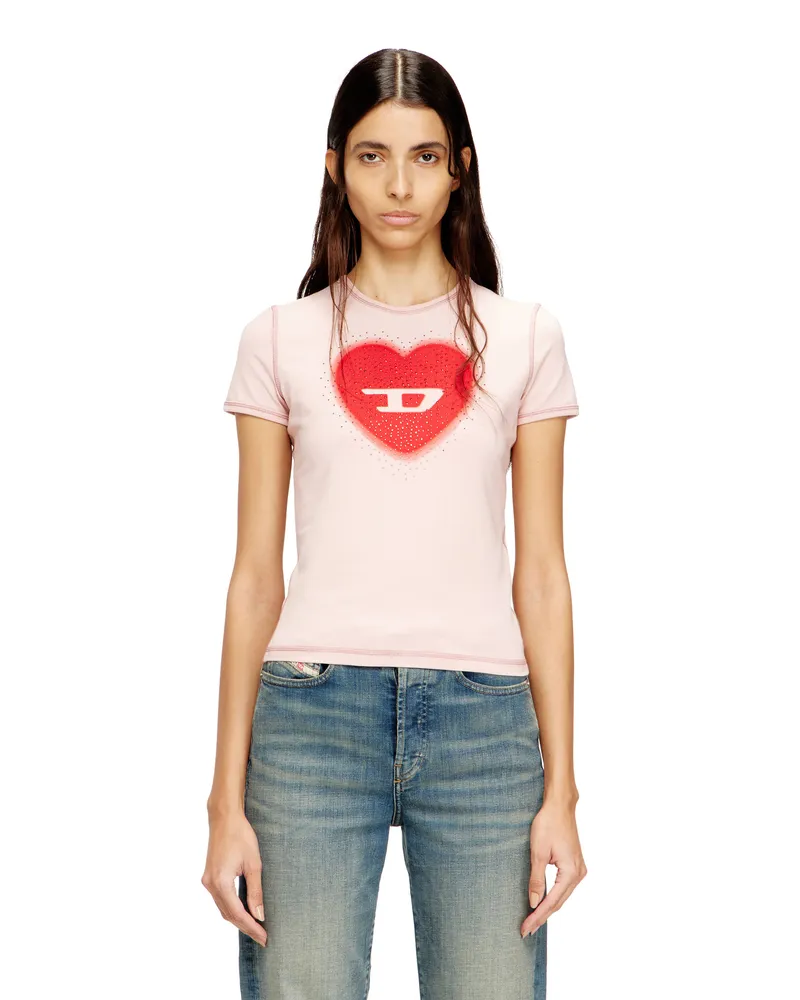 Diesel Schmales T-Shirt mit Herz-Print und Nieten - T-Shirts - Damen - Rosa Rosa
