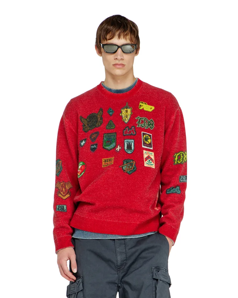 Diesel Wollpullover mit bedruckten patches - Strickwaren - Herren - Rot Rot