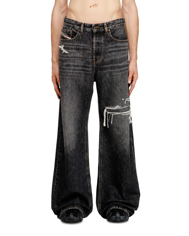 Diesel Relaxed Jeans Low Waist D-Rise, Schwarz/Dunkelgrau, Knopfverschluss Schwarz