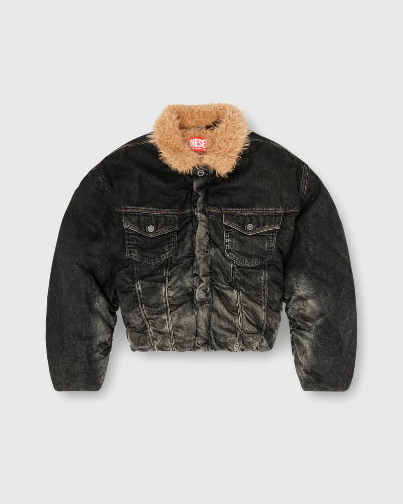 Diesel Truckerjacke mit Teddyfutter aus Denim mit Used-Effekt - Denim jacken - Unisex - Schwarz Schwarz