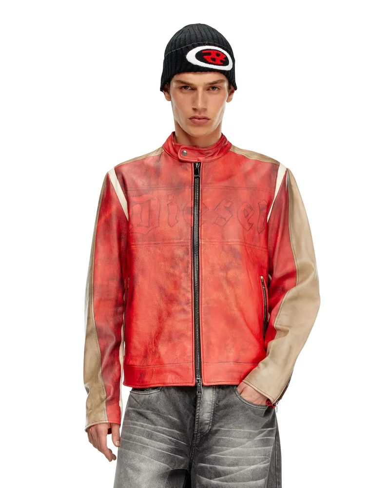 Diesel Bikerjacke aus Leder mit Schmutz-Effekt - Lederjacken - Herren - Rot Rot