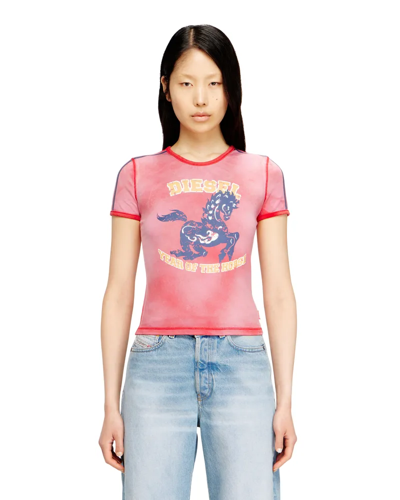 Diesel Baumwoll-Stretch-T-Shirt mit Pferde-Print - Oberteile - Damen - Rot Rot