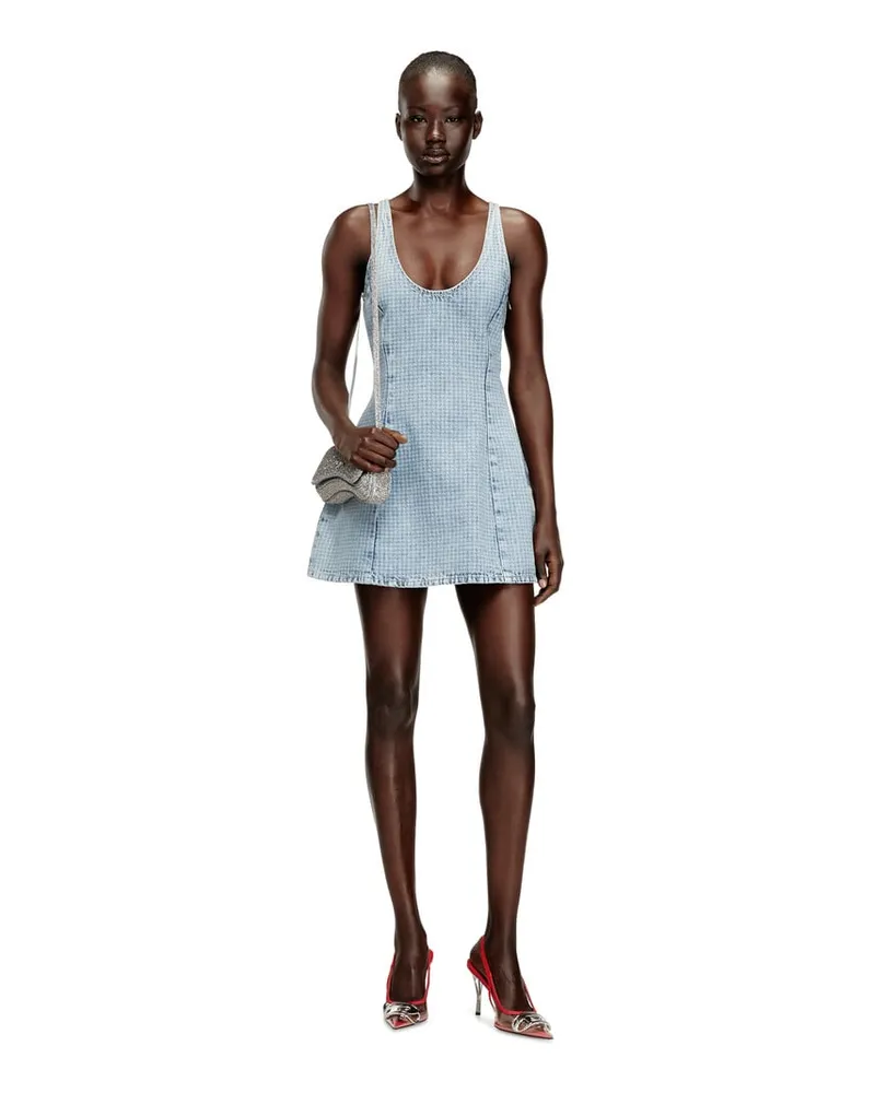 Diesel Kurzes Kleid aus Hahnentritt-Denim mit Kristallen - Kleider - Damen - Blau Blau
