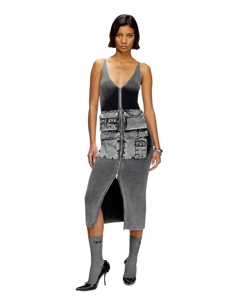 Diesel Midikleid aus Strick mit Cargotaschen aus Denim - Kleider - Damen - Grau Grau