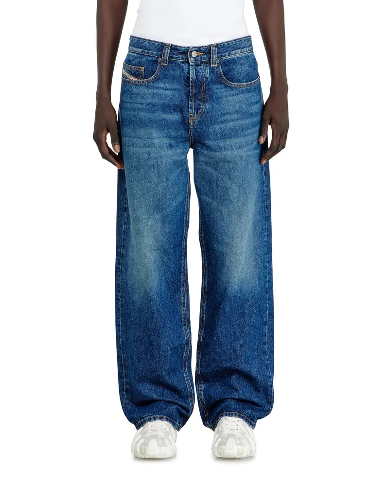 Diesel Relaxed Jeans Low Waist 2001 D-Macro, Mittelblau, Knopfverschluss Blau