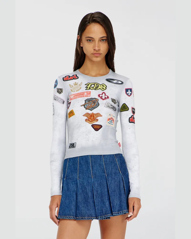 Diesel Top aus Rippjersey mit all-over Patch-Print - T-Shirts - Damen - Weiss Weiss
