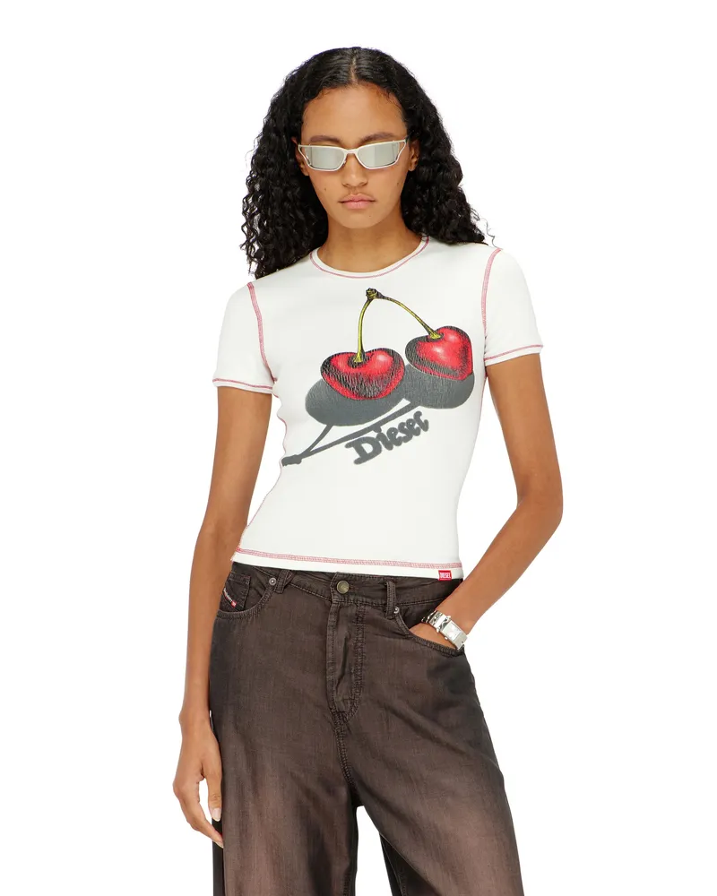Diesel Schlank geschnittenes Baumwoll-T-Shirt mit Kirschdruck - T-Shirts - Damen - Weiss Weiss