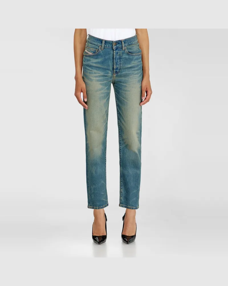 Diesel Regular Jeans High Waist 1981 D-Went, Mittelblau, Knopfverschluss Blau