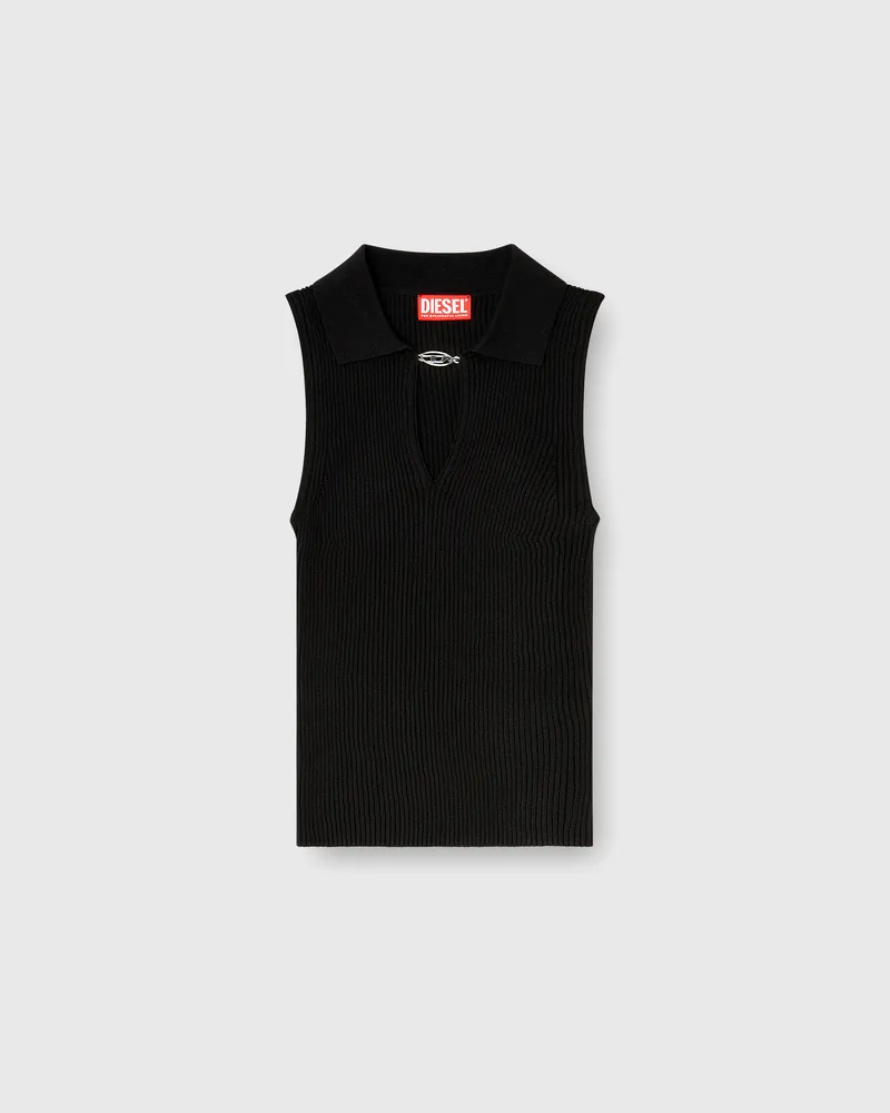 Diesel Ärmelloses Polo-Top aus Rippstrick mit Seidenmix - T-Shirts - Damen - Schwarz Schwarz