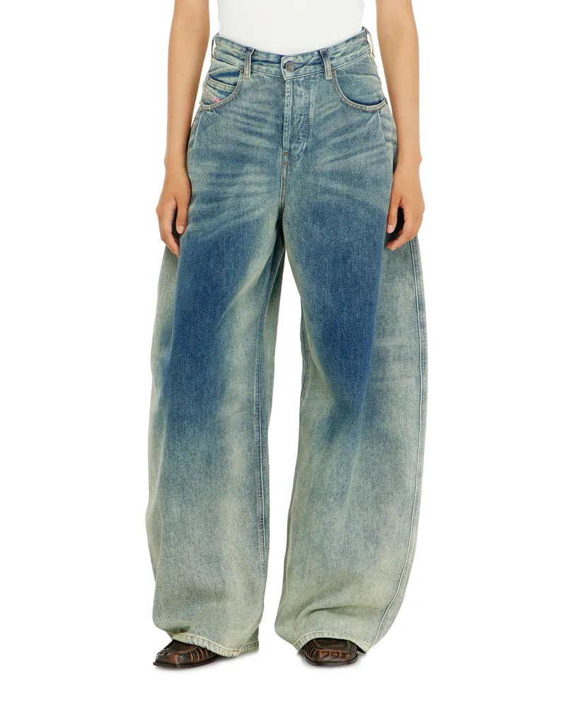 Diesel Relaxed Jeans High Waist 1987 D-Khelz, Mittelblau, Knopfverschluss Blau