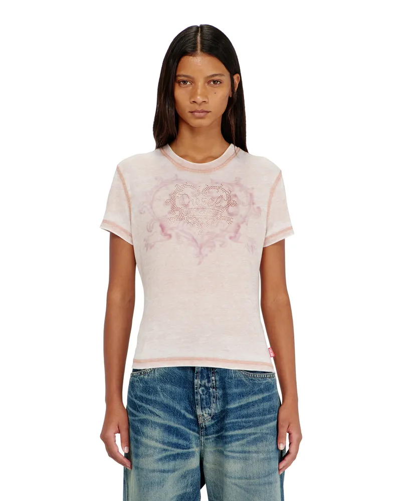 Diesel Jersey-T-Shirt mit Strasssteinen und burnout effect - T-Shirts - Damen - Rosa Rosa