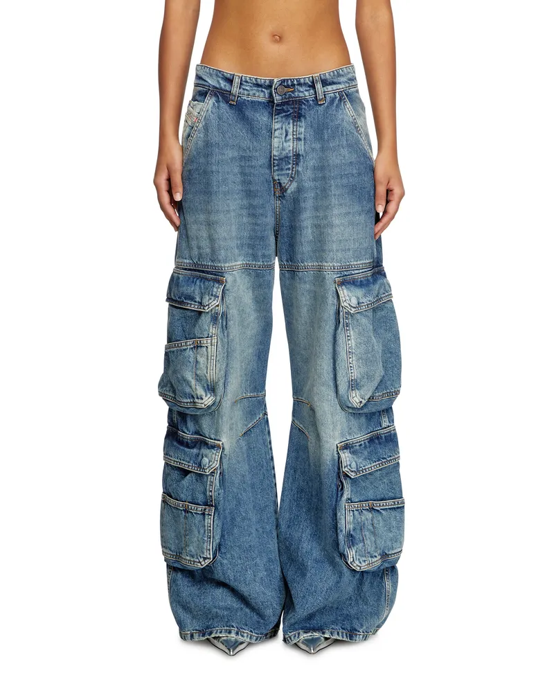 Diesel Relaxed Jeans Low Waist 1996 D-Sire, Mittelblau, Knopfverschluss Blau