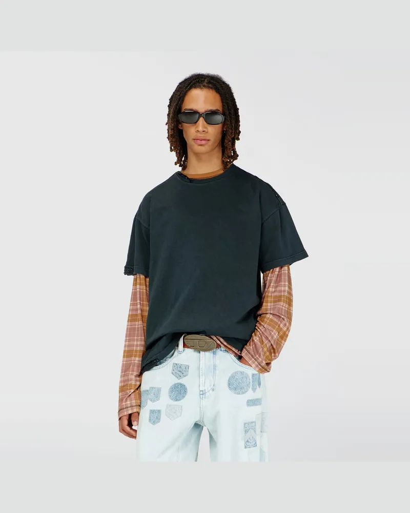 Diesel T-Shirt mit ausgefransten Kanten und Kristalldetails - T-Shirts - Herren - Schwarz Schwarz