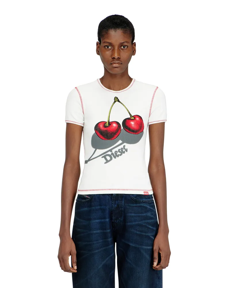Diesel Schlank geschnittenes Baumwoll-T-Shirt mit Kirschdruck - T-Shirts - Damen - Weiss Weiss