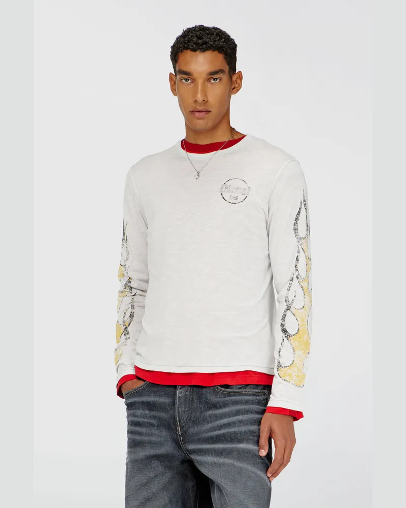 Diesel Langarm-T-Shirt aus Slub-Jersey mit Crack-Print - T-Shirts - Herren - Weiss Weiss