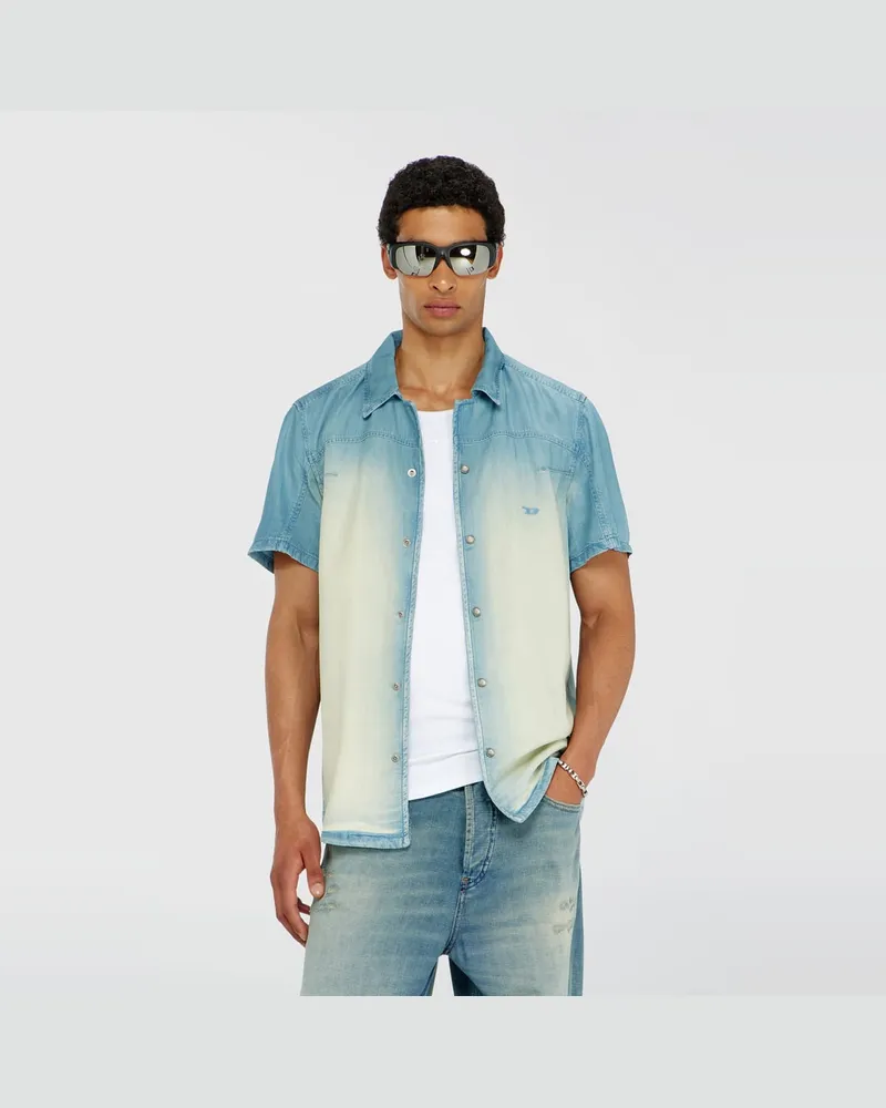 Diesel Kurzärmliges Hemd aus fließendem, überfärbtem Denim - Denimhemden - Herren - Blau Blau