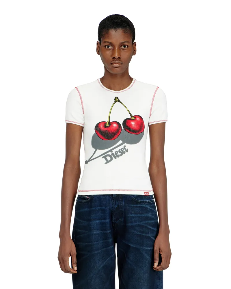 Diesel Schlank geschnittenes Baumwoll-T-Shirt mit Kirschdruck - T-Shirts - Damen - Weiss Weiss