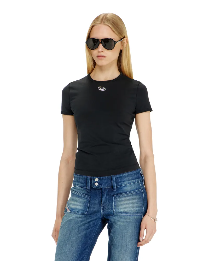 Diesel Schmal geschnittenes T-Shirt mit metallischem Oval D - T-Shirts - Damen - Schwarz Schwarz