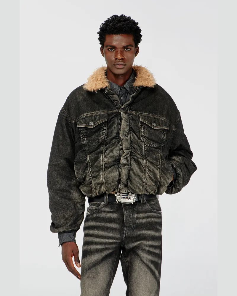 Diesel Truckerjacke mit Teddyfutter aus Denim mit Used-Effekt - Denim jacken - Unisex - Schwarz Schwarz