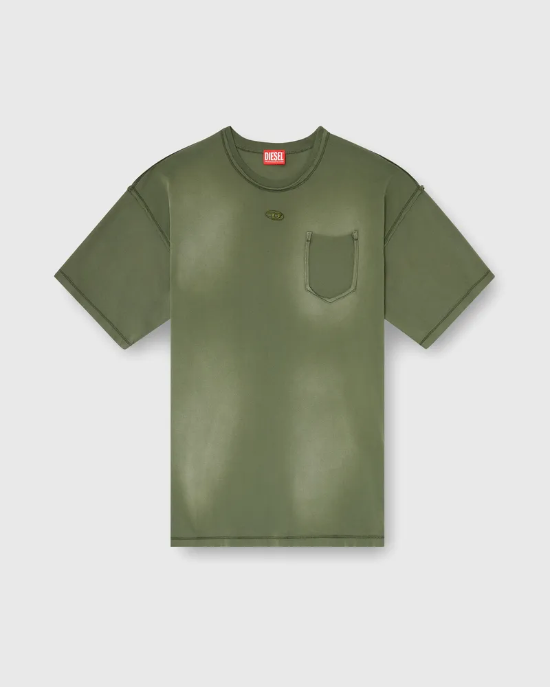Diesel Verwaschenes T-Shirt mit zerrissener Brusttasche - T-Shirts - Herren - Grün Grün