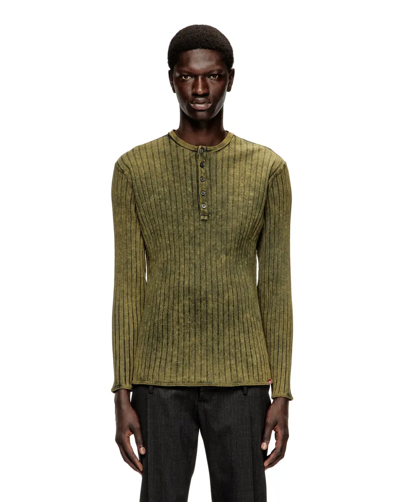 Diesel Henley-Oberteil aus behandeltem Jersey mit breitem Rippenstrick - T-Shirts - Herren - Grün Grün