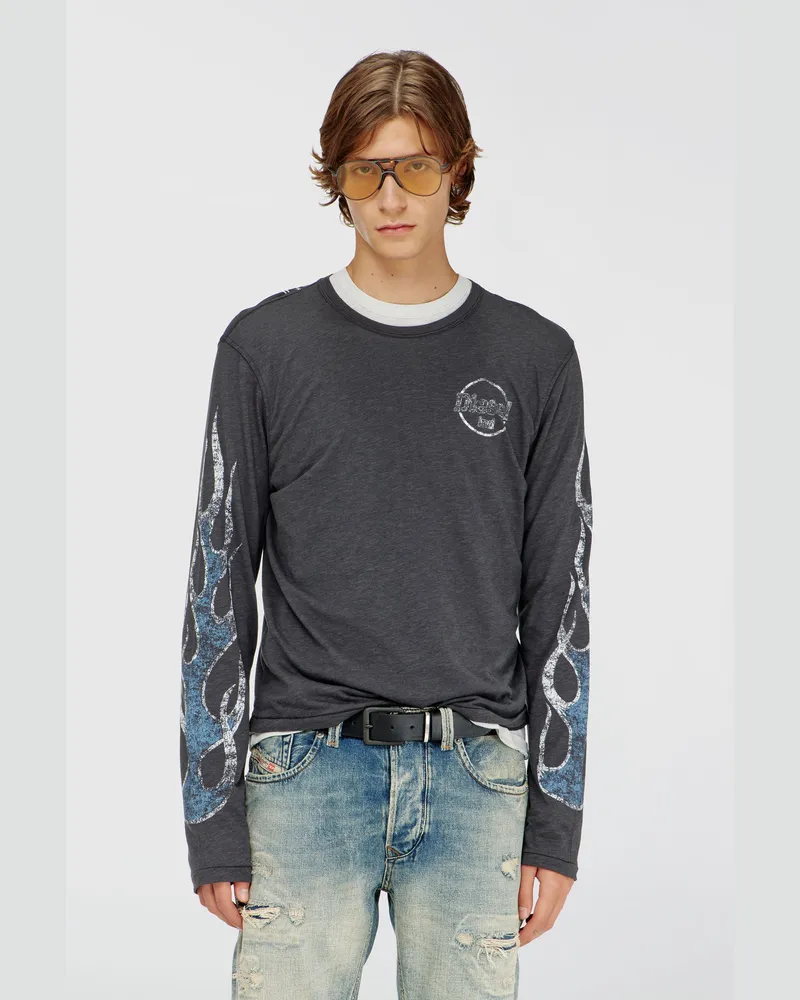 Diesel Langarm-T-Shirt aus Slub-Jersey mit Crack-Print - T-Shirts - Herren - Grau Grau
