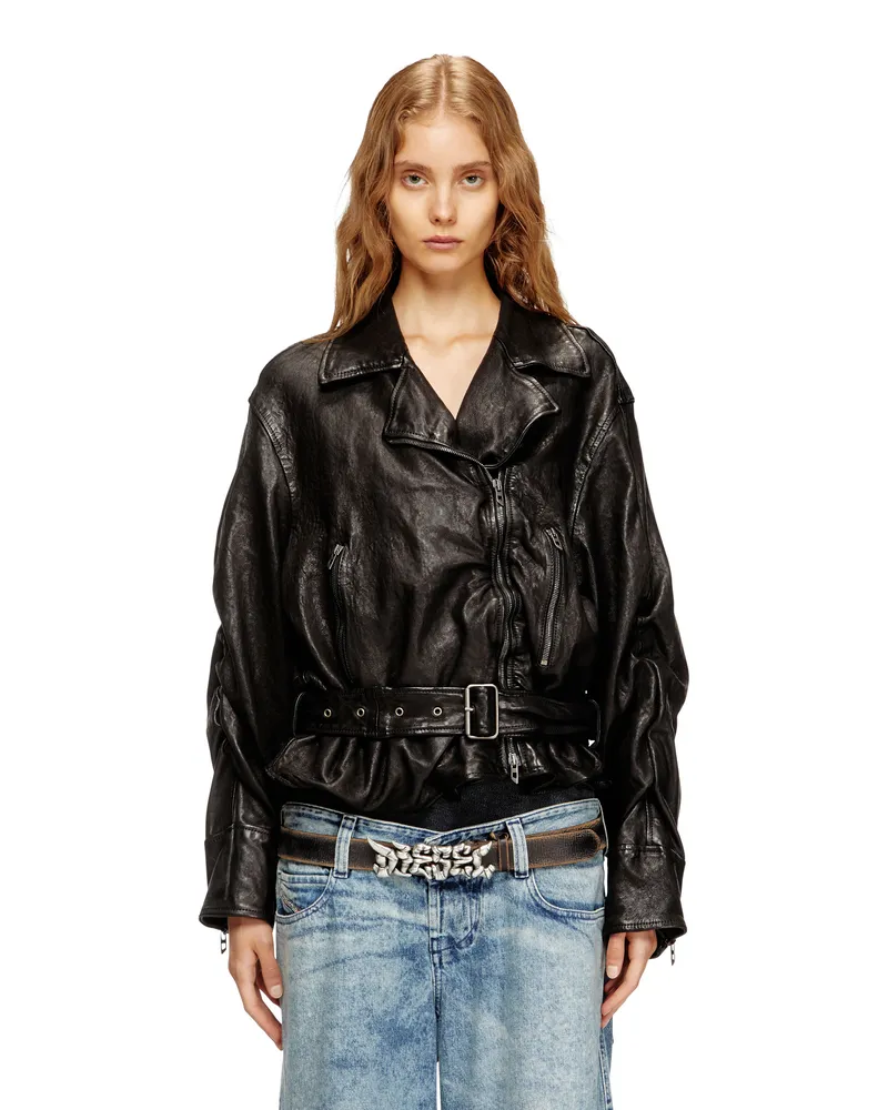 Diesel Jacke mit Gürtel aus thermischem Leder - Lederjacken - Damen - Schwarz Schwarz