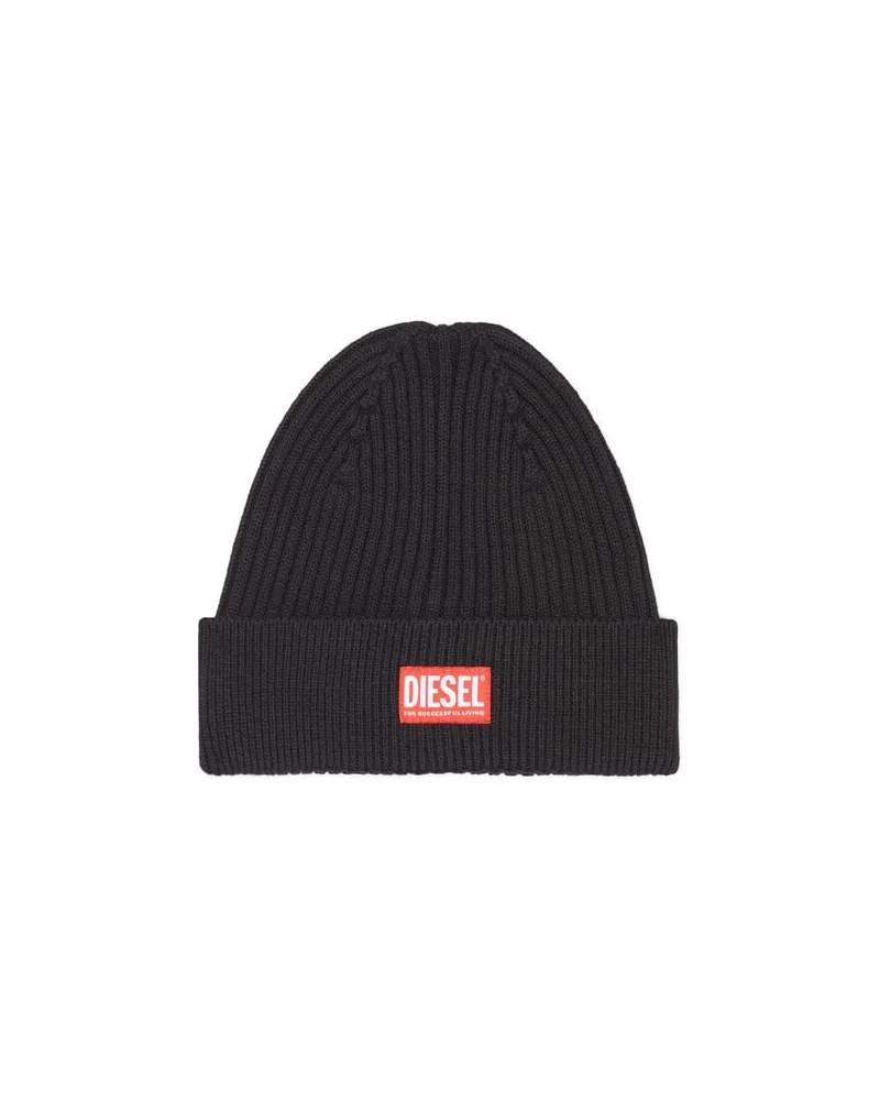 Diesel Gerippte Beanie-Mütze mit Logo-Aufnäher - Mützen - Unisex - Schwarz Schwarz