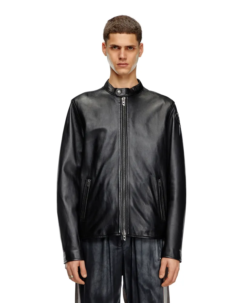 Diesel Bikerjacke aus Leder mit Logo-Prägung - Lederjacken - Herren - Schwarz Schwarz