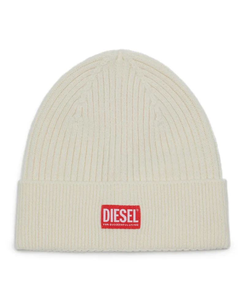 Diesel Gerippte Beanie-Mütze mit Logo-Aufnäher - Mützen - Unisex - Weiss Weiss