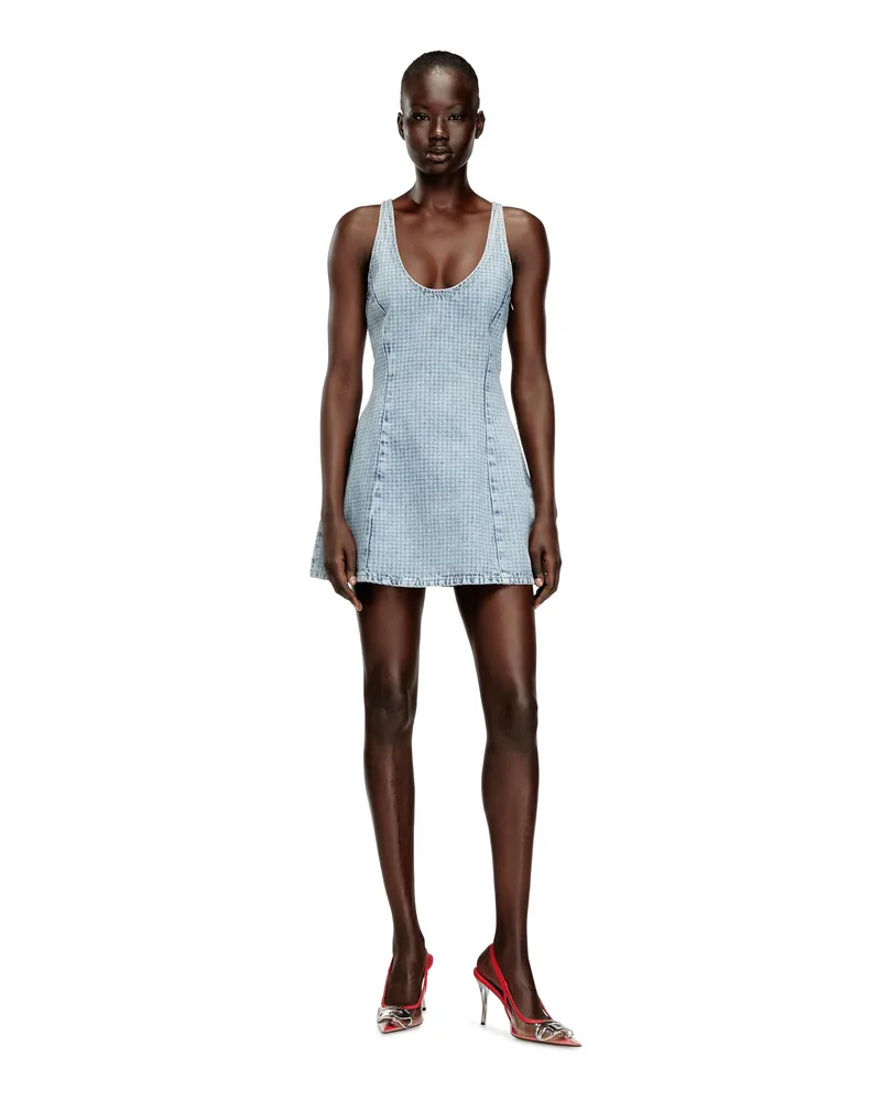 Diesel Kurzes Kleid aus Hahnentritt-Denim mit Kristallen - Kleider - Damen - Blau Blau