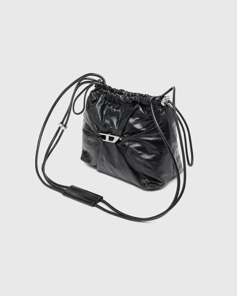Diesel Scrunch-D-Beuteltasche aus glänzendem zerknittertem Leder - Schultertaschen - Damen - Schwarz Schwarz