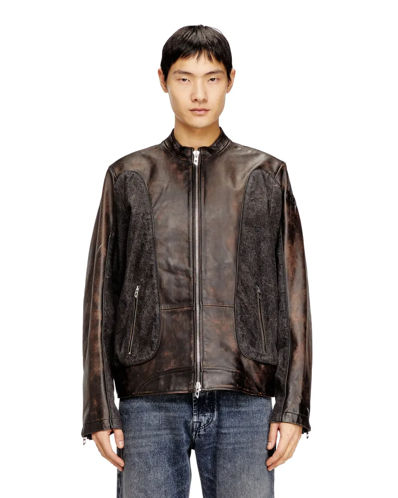 Diesel Jacke im Bikerstil mit Paspelierung aus Leder und Denim - Lederjacken - Herren - Braun Braun