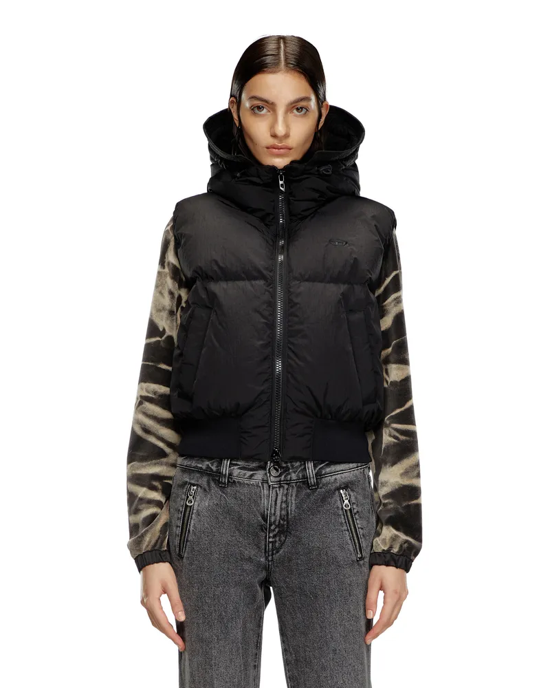 Diesel Daunenweste mit Kapuze aus Nylon in Knitter-Optik - Winterjacken - Damen - Schwarz Schwarz