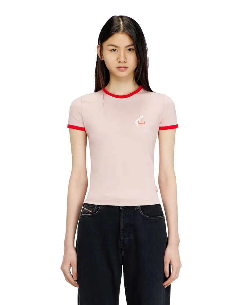 Diesel Schmales T-Shirt mit Schweinedruck - T-Shirts - Damen - Rosa Rosa