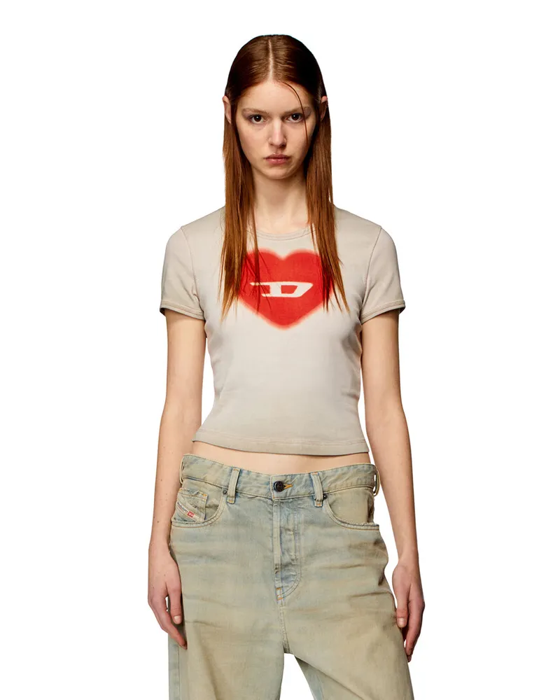 Diesel Geripptes T-Shirt mit Herz D-Wasserfarbe-Effekt - T-Shirts - Damen - Beige Beige