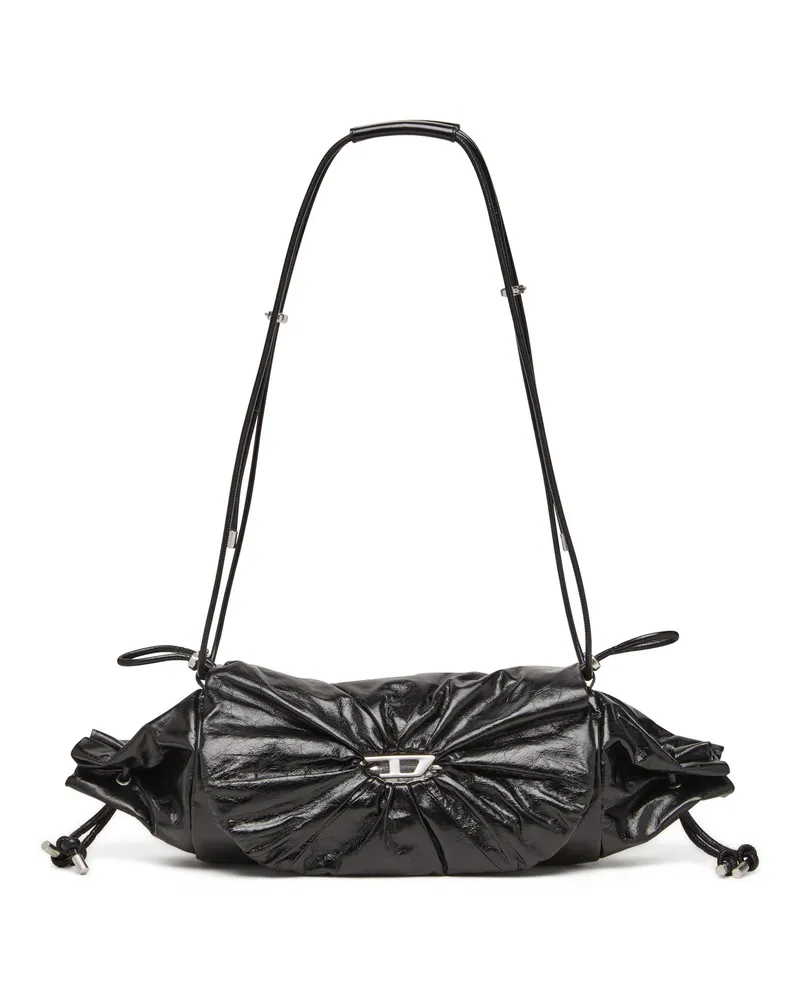 Diesel Scrunch-D M-Schultertasche aus glänzendem Leder - Schultertaschen - Damen - Schwarz Schwarz