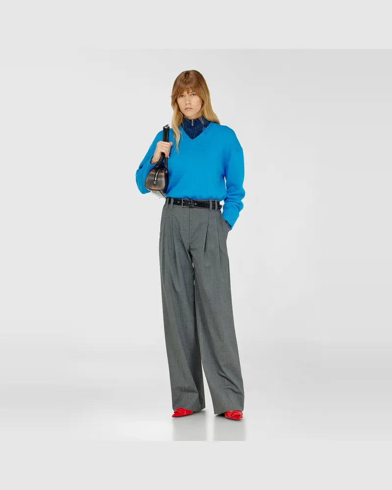 Diesel Wollpullover mit V-Ausschnitt und Logo am Kragen - Strickwaren - Damen - Blau Blau