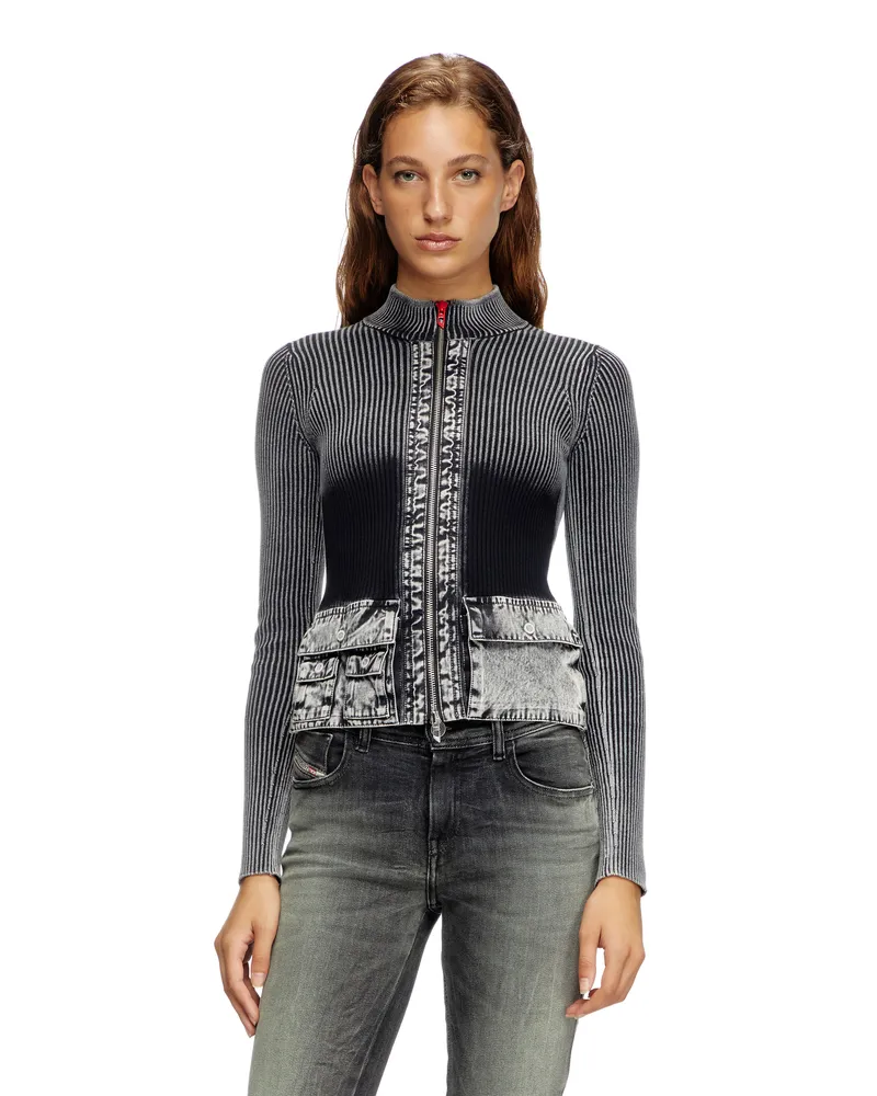 Diesel Cardigan mit Reißverschluss und Cargotaschen aus Denim - Strickwaren - Damen - Grau Grau