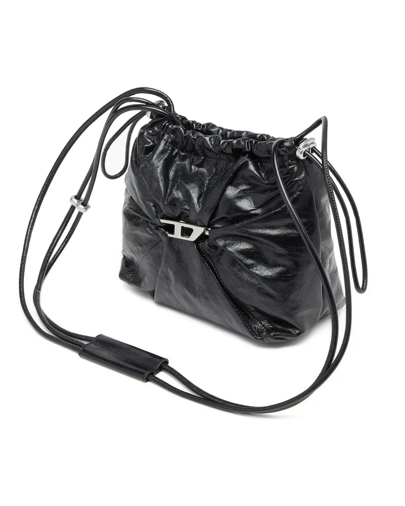 Diesel Scrunch-D-Beuteltasche aus glänzendem zerknittertem Leder - Schultertaschen - Damen - Schwarz Schwarz