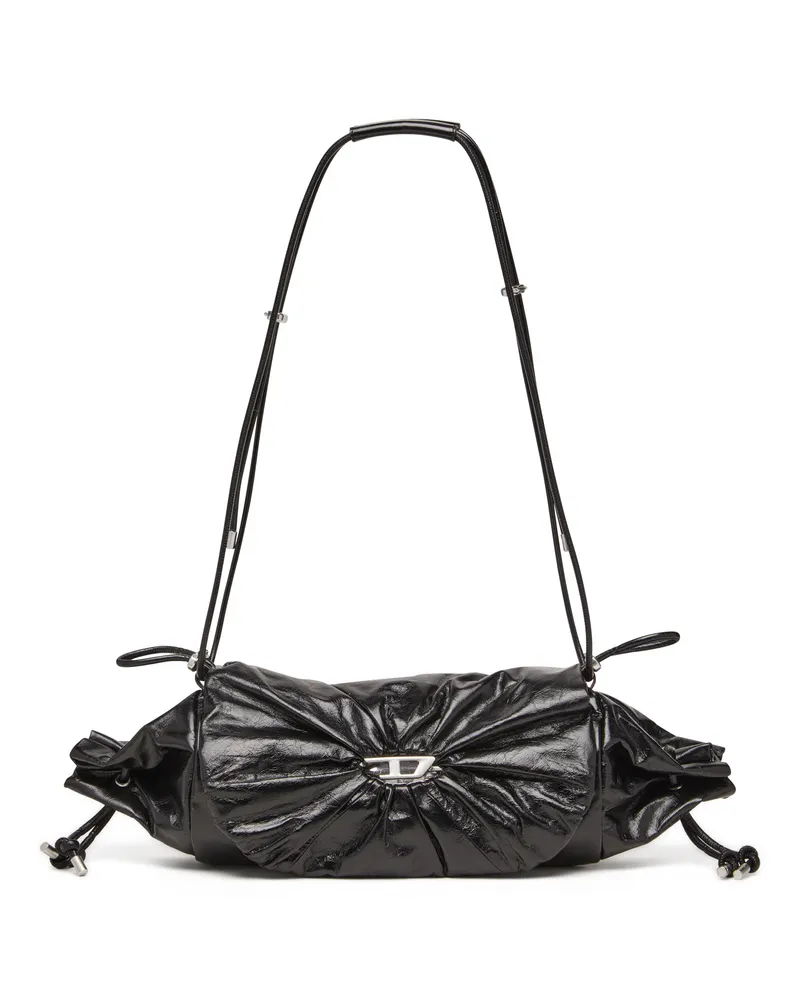 Diesel Scrunch-D M-Schultertasche aus glänzendem Leder - Schultertaschen - Damen - Schwarz Schwarz