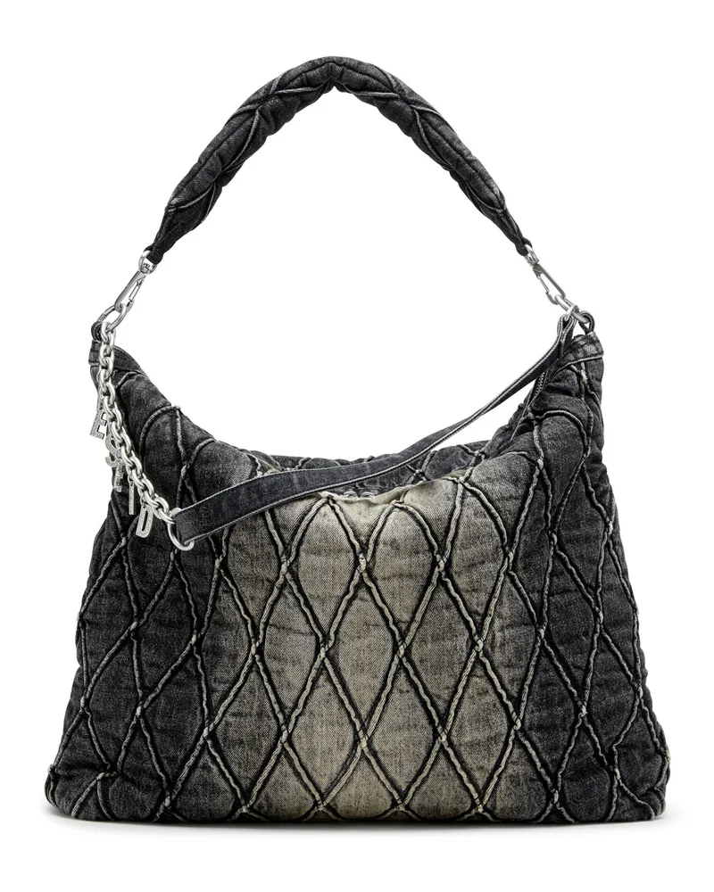 Diesel Charm-D-Große Hobo-Tasche aus behandeltem, gestepptem Denim - Schultertaschen - Damen - Schwarz Schwarz