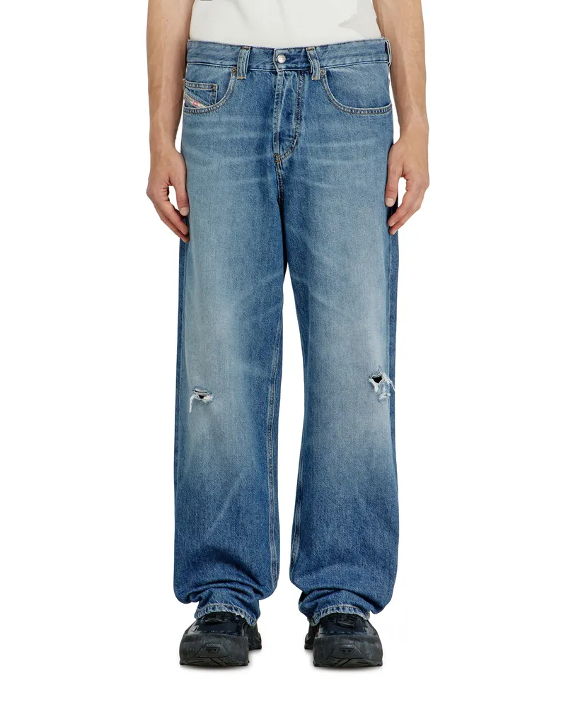 Diesel Relaxed Jeans Low Waist 2001 D-Macro, Mittelblau, Knopfverschluss Blau